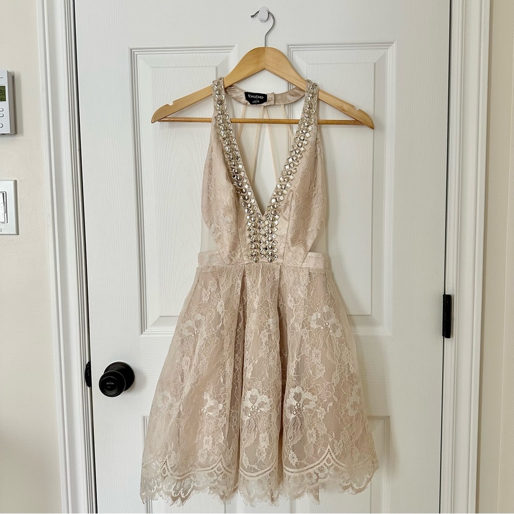 Bebe champagne mini dress with mesh